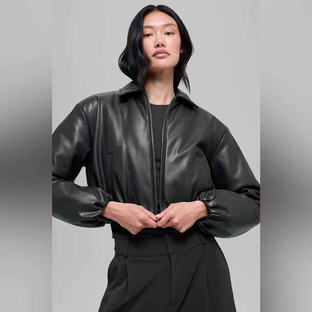 NWT New Alo Yoga Faux Leather Cropped Premier Bomber Jacket Black Size Small